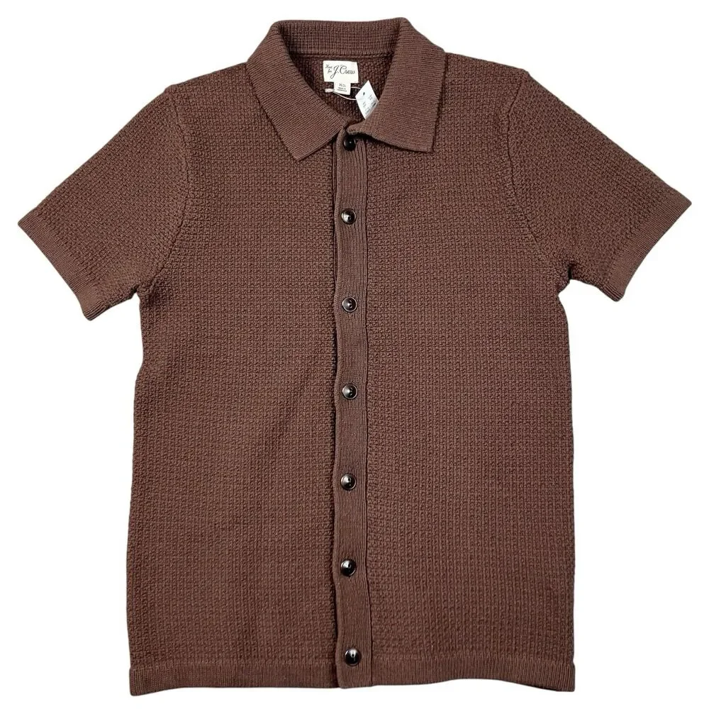 J Crew Polo Cardigan Men XS Brown Cotton Waffle Knit Short Sleeve Sweater CQ900